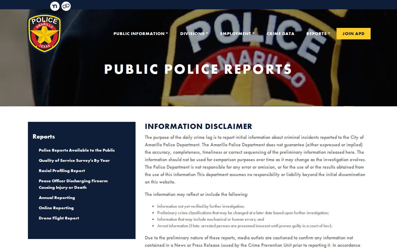 Randall County Amarillo Police daily public release record interface