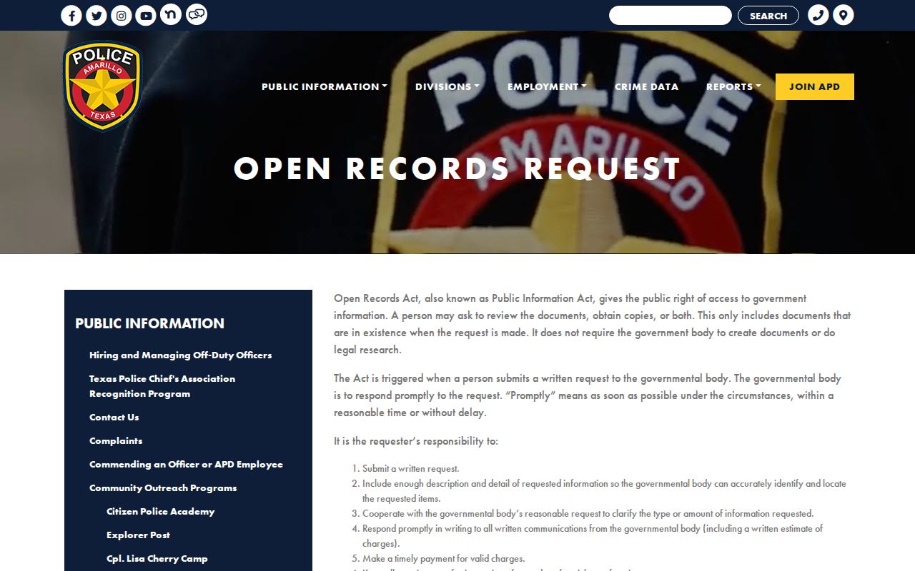 Randall County Amarillo Police open-records request record instructions