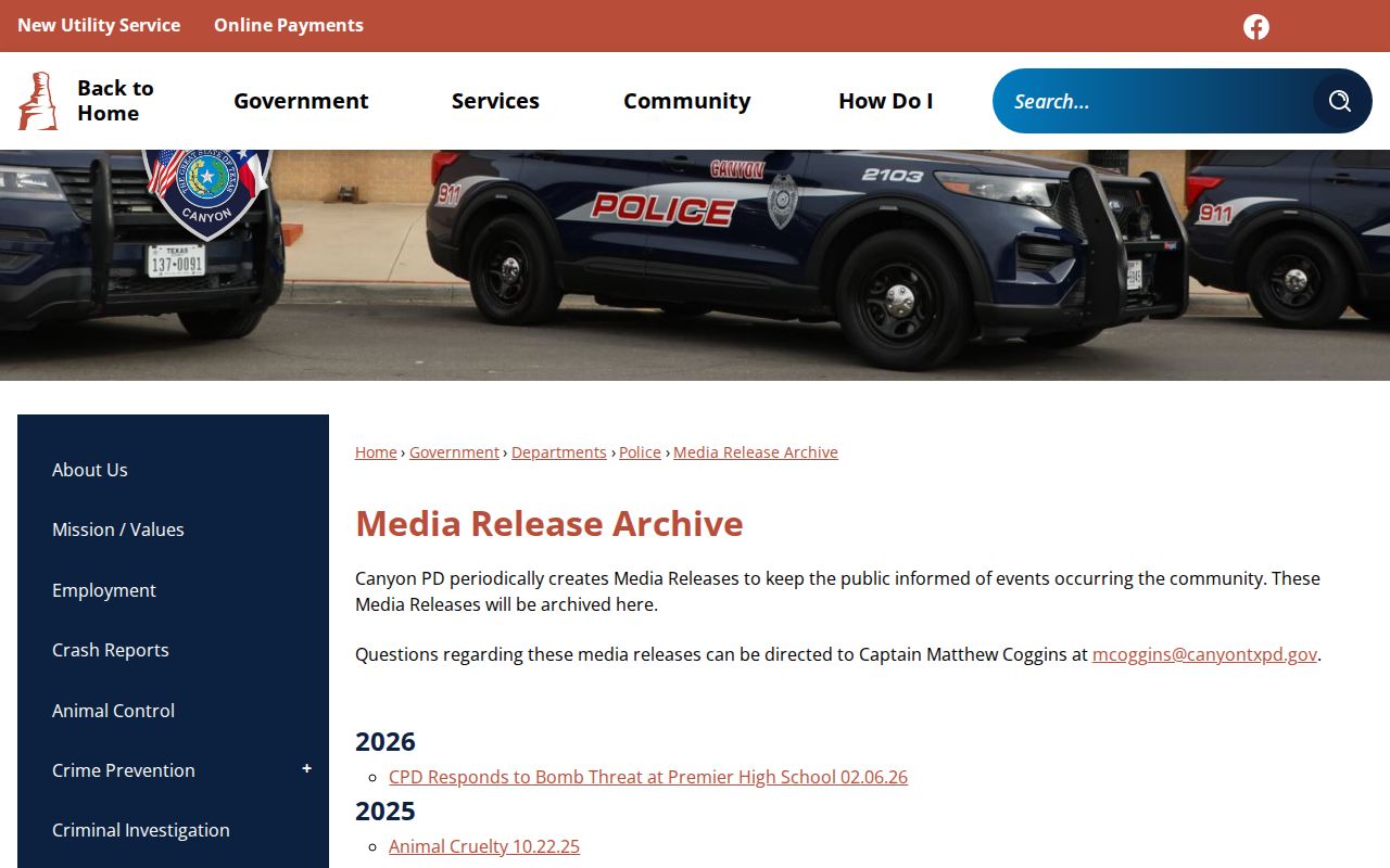 Canyon Police media release archive for Canyon arrest-record context