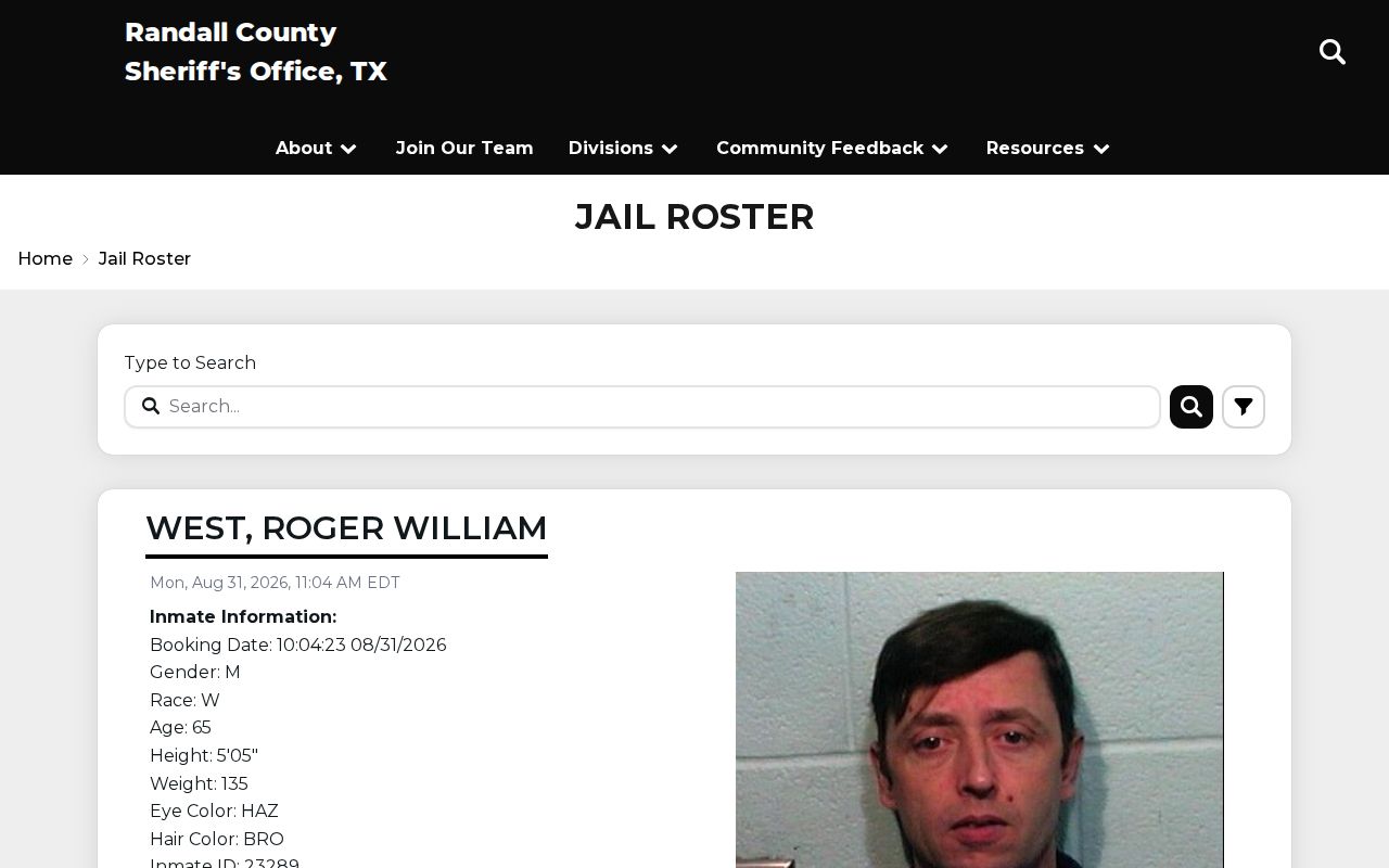 Randall County official current-custody booking record search interface