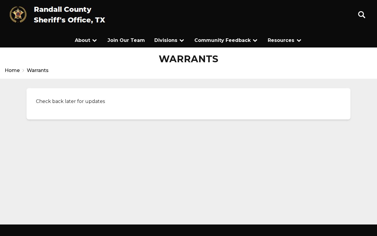 Randall County official warrant and wanted-record page